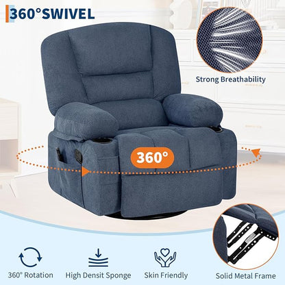Rocker Recliner Chairs for Adults w/Vibration Massage and Heating,360° Swivel Rocker Glider Recliner,Extra Wide Manual Lazy Chair,Chenille Fabric Sofa Chair for Living Room,Bedroom,Blue
