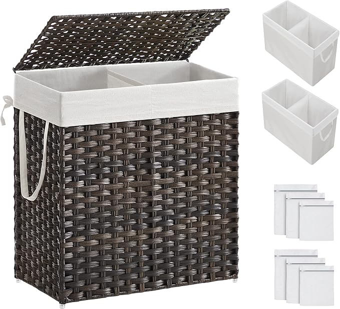 SONGMICS Laundry Hamper with Lid, 110L Clothes Hamper with 2 Removable Liner Bags, 6 Mesh Bags, Wicker Laundry Basket, Double Laundry Hamper for Bathroom, 13 x 22.4 x 23.6 Inches, Brown ULCB052K02