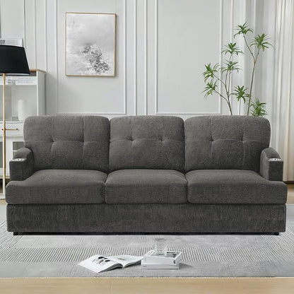 89" Chenille Modern Sofa with Cup Holder, Tufted Upholstered Couch with Thickened Cushions, Comfy 3 Seater Sofa with Deeper Seat for Living Room, Apartment, Grey