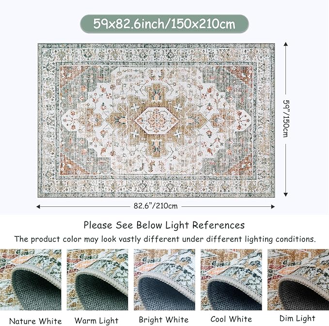 Moynesa Ultra-Thin Washable Area Rug - 5x7 Rugs for Living Room Washable Rugs for Bedroom Soft Office Mat, Printed Low Pile Accent Dining Room Carpet for Basement Nursery Playroom, Beige/Gold