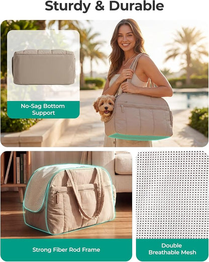 BAGSMART Dog Purse Carrier for Small Dogs Up to 13lbs Puppy Travel Tote Bag | Quilted Puffy Soft Sided Pet Handbag with Pockets, Collapsible Lightweight Portable Carrying with Safety Tether & Mat, Grey