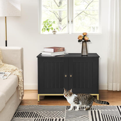 Homhedy Cat Litter Box Enclosure, Cat Washroom Furniture with Metal Frame, Pet House, Fit Most of Litter Box, Modern Style, Black and Gold