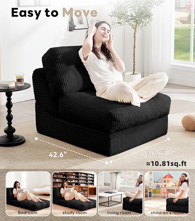 Tbfit Folding Sofa Bed, Convertible Sleeper Chair with Large Pillow, Corduroy Folding Couch Bed, Portable & Foldable Mattress Boneless Floor Sofa for Living Room, Bedroom, Office, Black, Single