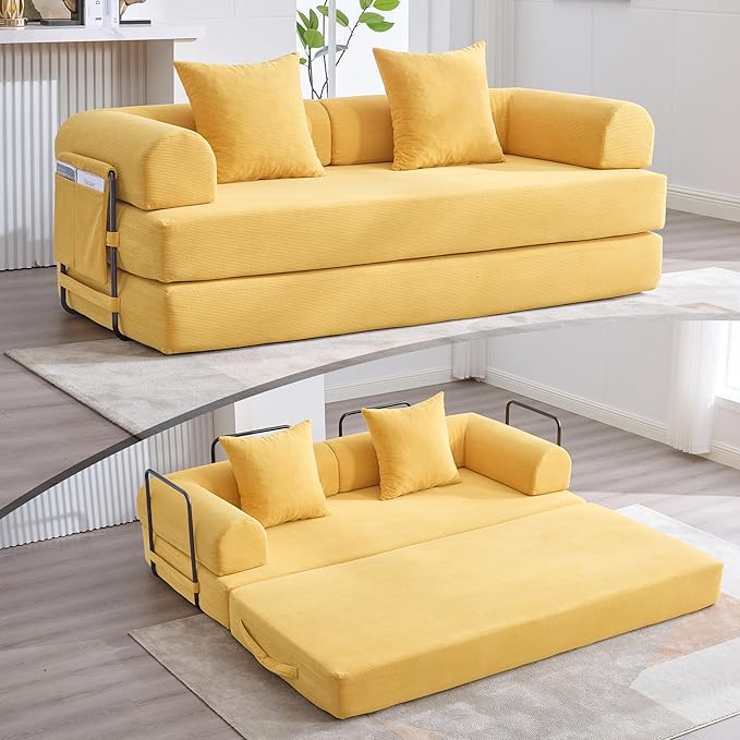 Convertible Sleeper Sofa Bed, Folding Floor Sofa Bed with Fixed-Shape Frame, Corduroy Floor Sleeper Sofa with Storage Pocket, Futon Boneless Sofa Couch for Living Room, Yellow
