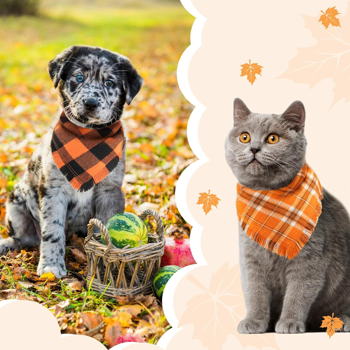 Kytely Fall Dog Bandana 2 Pack, Halloween Thanksgiving Dog Bandanas, Orange Plaid Pet Scarf for Boy and Girl, Holiday Bandana Reversible Triangle Bibs Accessories for Dogs Pets Small