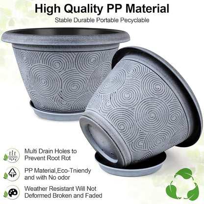10 Inch Flower Pots Planters for Indoor Outdoor Plants, 3 Pack Plastic Large Plant Pots with Drainage Hole & Tray, Modern Decorative Garden Pot with Saucer, Plant Container for House