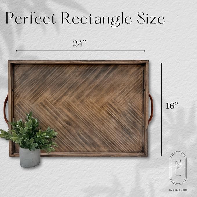 Medium Ottoman Wood Serving Tray- with Leather Handle Decorative Wooden 24 * 16 * 1.5 Inches Square Serving Tray Best for Coffee Table, Living Room and Kitchen