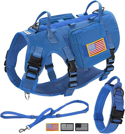 Forestpaw Tactical Dog Harness for Medium Dogs,Tactical Dog Collar with Bungee Leash Set,No Pull Military Dog Harness for Walking Training,Adjustable for Medium Dogs,Blue,Chest 22-35"