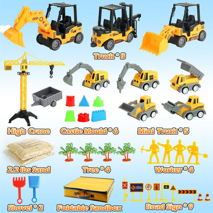 Sand Construction Site Kit - 37 Pcs Play Sand Art Kit with 8 Construction Trucks, Folding Sandbox, 2.2 lbs Magic Sand, Crane, Worker, Road Signs, Molds, Shovel - Ideal Toys for Boys Girls Age 3+