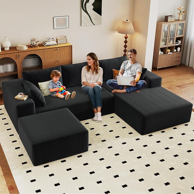 96" U-Shape Cloud Couch, Modern Modular Sectional L-Shape Sofa with Ottoman, Corduroy Upholstered Couches Deep Seat Sleeper Chaise Longue for Living Room, No Assembly Required(Black, Right Facing)