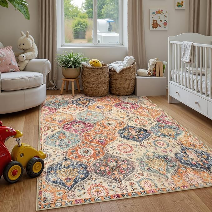 Lahome Moroccan Washable Area Rugs 9x12 Living Room, Soft 9x12 Area Rug for Bedroom, Oriental Non-Slip Non Shedding Throw Large Carpet for Dining Room Office, Cream/Multi