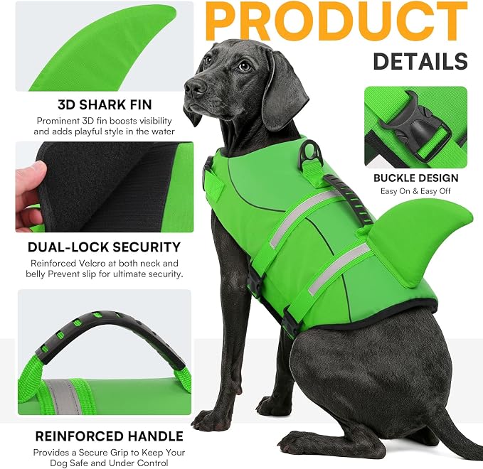 Dog Life Jacket High Flotation, Reflective Dog Life Vest for Swimming, Adjustable Dogs Life Preserver Rescue Handle Spring Summer Pool for Small, Medium, Large Dogs (BrightGreen,XXL)