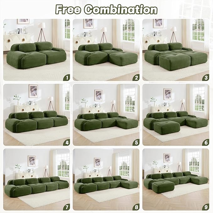 80" Modern Compressed Boneless Love Seat Couches, 2 Seater Large Sectional Couches for Living Room, Green Corduroy Cloud Modular Sectional Sofa, Memory Foam, Extra Deep Loveseat, No Assembly