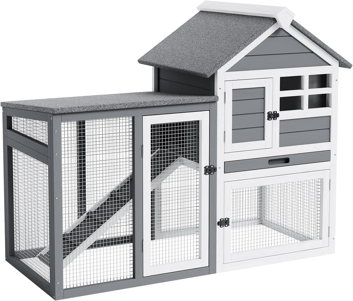 2-Tier Rabbit & Chicken House,Wooden Chicken Coop & Bunny Cage with Non-Slip Ramp, 4 Doors,Waterproof Roof & Pull-Out Tray,Outdoor/Indoor Pet Cage