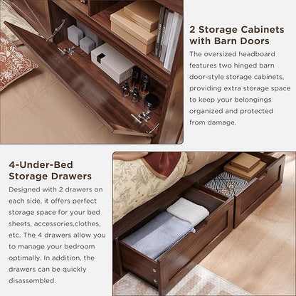 ACCOHOHO Full Bed Frame with 52" Tall Headboard and 4 Drawers,LED Light,Charging Station,Solid Wood Slats Support,No Box Spring Needed,Brown