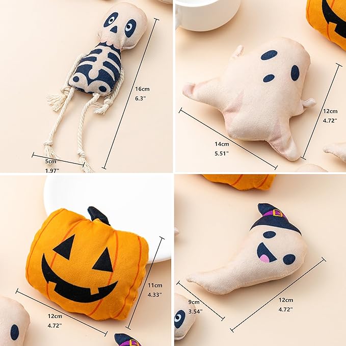 4-Pack Halloween Cat Toy Catnip Plush Toys Set - Pumpkin, Ghost, and Skeleton Design, Soft and Durable Cat Toys for Halloween Fun, Perfect for Indoor Play and Exercise