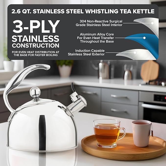 Viking 3-Ply Stainless Steel Tea Kettle, 2.6 Quart Stovetop Hot Water Pot