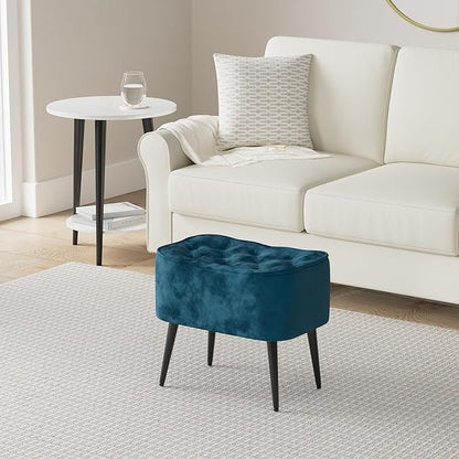 BIRDROCK HOME Tufted Curve Ottoman Velvet Foot Stool - Upholstered Padded Footrest for Living Room or Bedroom - Small Cushioned Accent Chair for Couch, Sofa, Lofted Seating - Modern Furniture - Teal