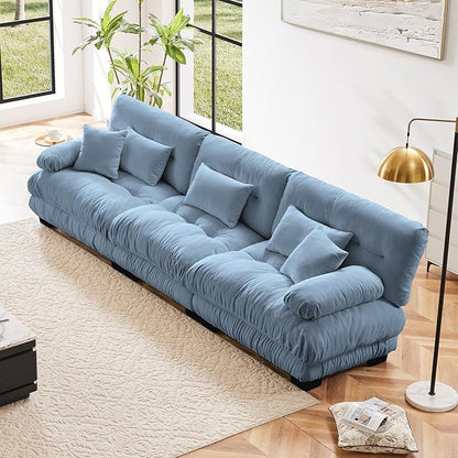 133.8" Oversized Couch, 3 Seater Modular Sectional Sofa, Blue Large Sectional Couches for Living Room, Fluffy Chenille Fabric Cloud Couch with 5 Pillows, Deep Seat Sofas