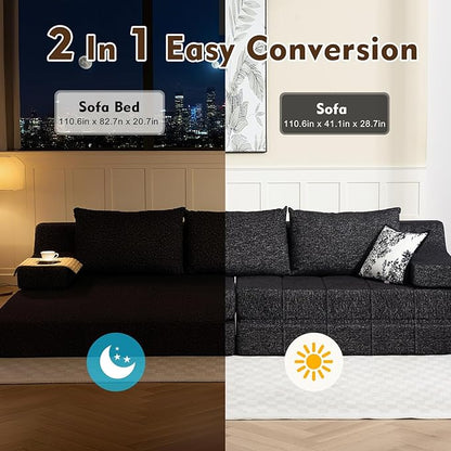 MEISSALIVVE Pull Out Sofa Bed, Queen Size Sleeper Sofa Bed with Wide Armrest & Thick Cushion, 2-in-1 Convertible Couch for Living Room, No Assembly Required (Black)