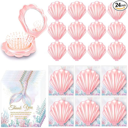 LemonRoad 24 Sets Mermaid Party Favors Shell Hair Brush with Mirror Card, Foldable Mini Travel Compact Hair Brush for Women Birthday, Bachelorette, Under The Sea, Beach Party Gifts(Pink)