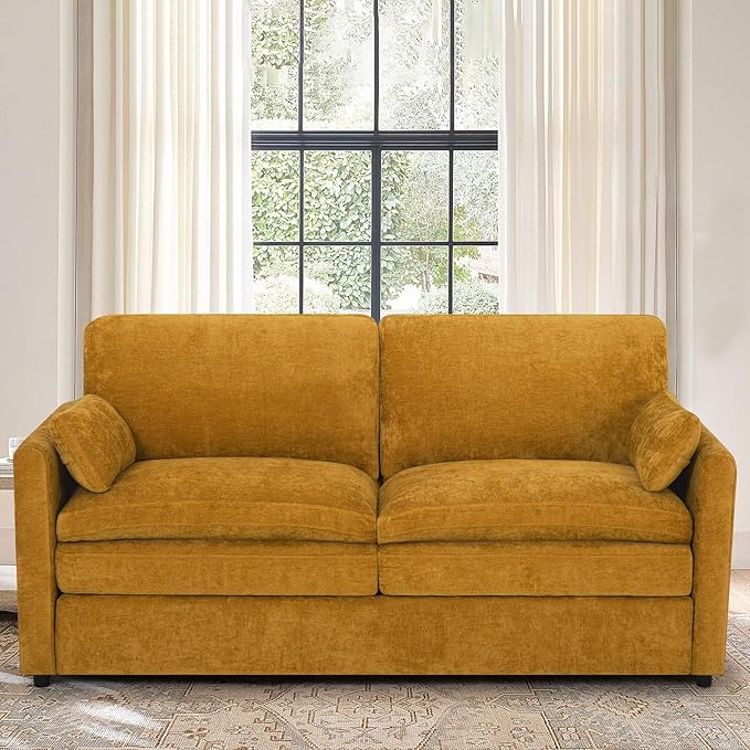 69” Chenille Loveseat Sofa w/Arm Pillows, Upholstered 2-Seater Sofa w/Comfortable Back Cushions, Modern 2 Seats Couch w/High-Density Foam for Living Room, Apartment, Office, Yellow
