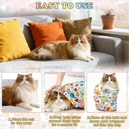 27.6" Cat Grooming Wrap for Nail Clipping Cat Swaddle Wrap (Within 15lbs) for Cutting Nails Cloth for Pet Cleaning Multifunctional Pet Tool|Utility Storage Bag|Self-Adhesive Travel Blanket