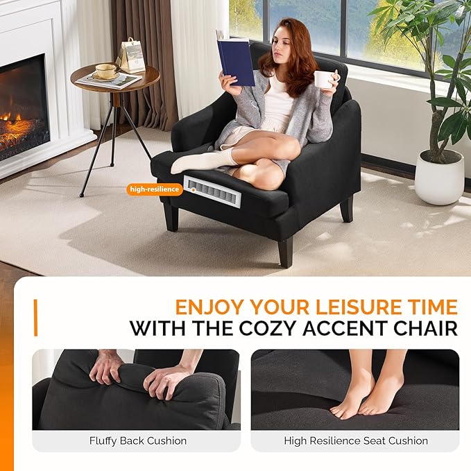 VINGLI Linen Fabric Accent Chair Black, Modern Upholstered Armchair, Comfy Sofa Chair Living Room Bedroom Furniture for Apartment