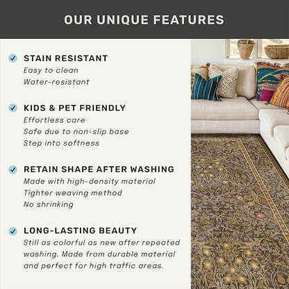Brown 3x8 Vintage Kitchen Runner Rug Stain Resistant, Wide Washable Non Skid Long Runner Rugs for Hallway, Entryway Indoor, Non-Slip Low Pile Ultra Soft Stain Resistant Floral Carpet