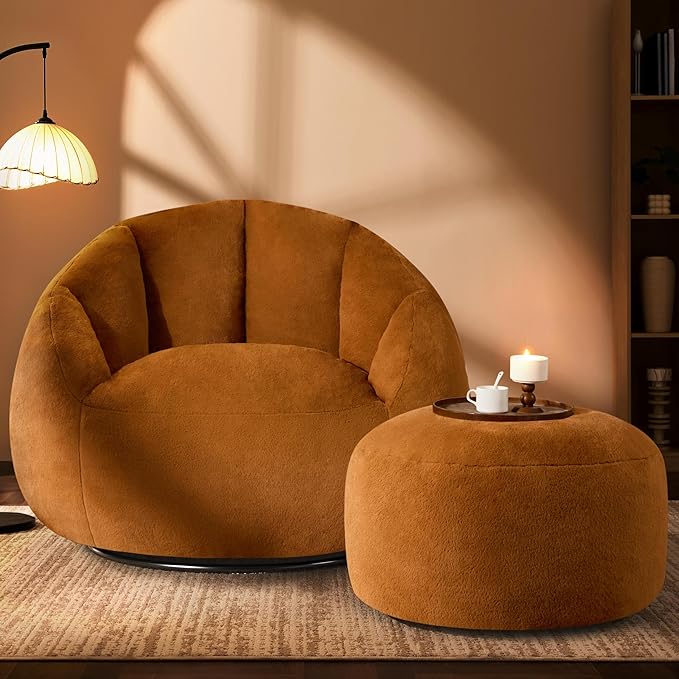Giant Bean Bag Swivel Chair for Adults with Ottoman - Comfy Plush Round Shell Soft Accent Chaise Lounge Indoor Chair, Oversized Cozy Floor Sofa for Living Room Game Rooms, Orange