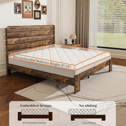 King Size Wooden Bed Frame with Headboard, Rustic Farmhouse Platform Bedframe with Wood Slat Support, Sturdy and No Noise, Easy Assembly (Brown, King)