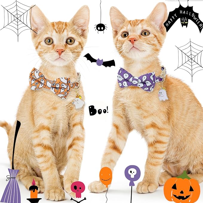 Faygarsle 2 Pack Halloween Cat Collar with Bowtie and Bell, Breakaway Safety Buckle, Ghost Pattern, Orange and Light Purple