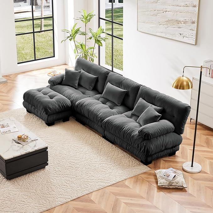 133.8" Oversized Couch, 3 Seater Modular Sectional Sofa, Grey Large L Shaped Fluffy Couch Set, Chenille Cloud Sofas with Ottoman for Living Room