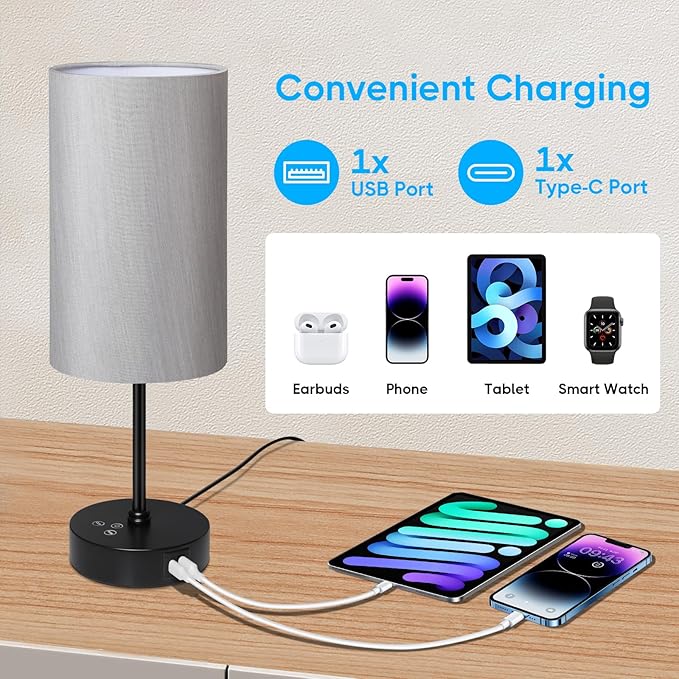 Unicozin 17Inch Table Lamp, 3 CCT 3000K/4500K/6500K & RGB Color Changing, Stepless Dimmable Bedside Lamp for Reading, Ambience Nightstand Light for Home Decor Party, Grey Shade