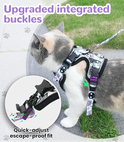 Halypet Cat Harness and Leash Set for Walking, Escape Proof Adjustable Vest Harness with 3-in-1 Integrated Buckles, Easy Control Soft Breathable Mesh with Reflective Strips for Cats, M, Moonlight Meow