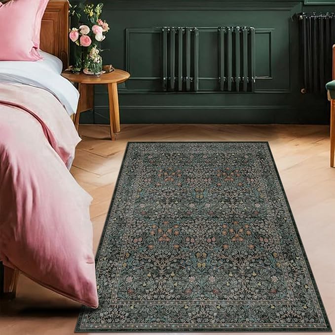 Vintage Floral Dark Green 3x5 Area Rugs for Entryway, Kitchen, Bedroom Beside Rug, Laundry Room, Non-Slip Low Pile Ultra Soft Stain Resistant Small Carpet