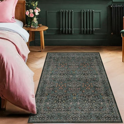 Vintage Floral Dark Green 3x5 Area Rugs for Entryway, Kitchen, Bedroom Beside Rug, Laundry Room, Non-Slip Low Pile Ultra Soft Stain Resistant Small Carpet