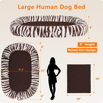 Human Dog Bed for Adult, Orthopedic Gel Memory Foam, 71"x47"x9" | Human Dog Bed Fits Adult & Pets, Reversible Egg-Crate Foam Cushion, Washable Pet Bed with Blanket, Tie-dye Brown