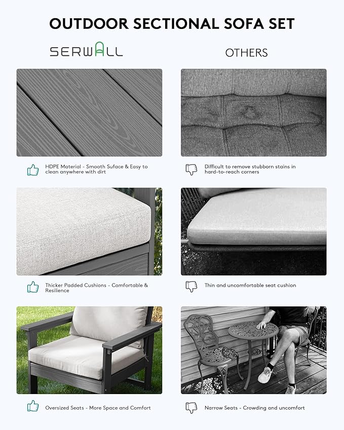 SERWALL HDPE Patio Furniture Set, 7-Piece Outdoor Sectional Sofa Set, All Weather Outdoor Couch Set for Deck, Lawn, Grey Frame with Khaki Cushion