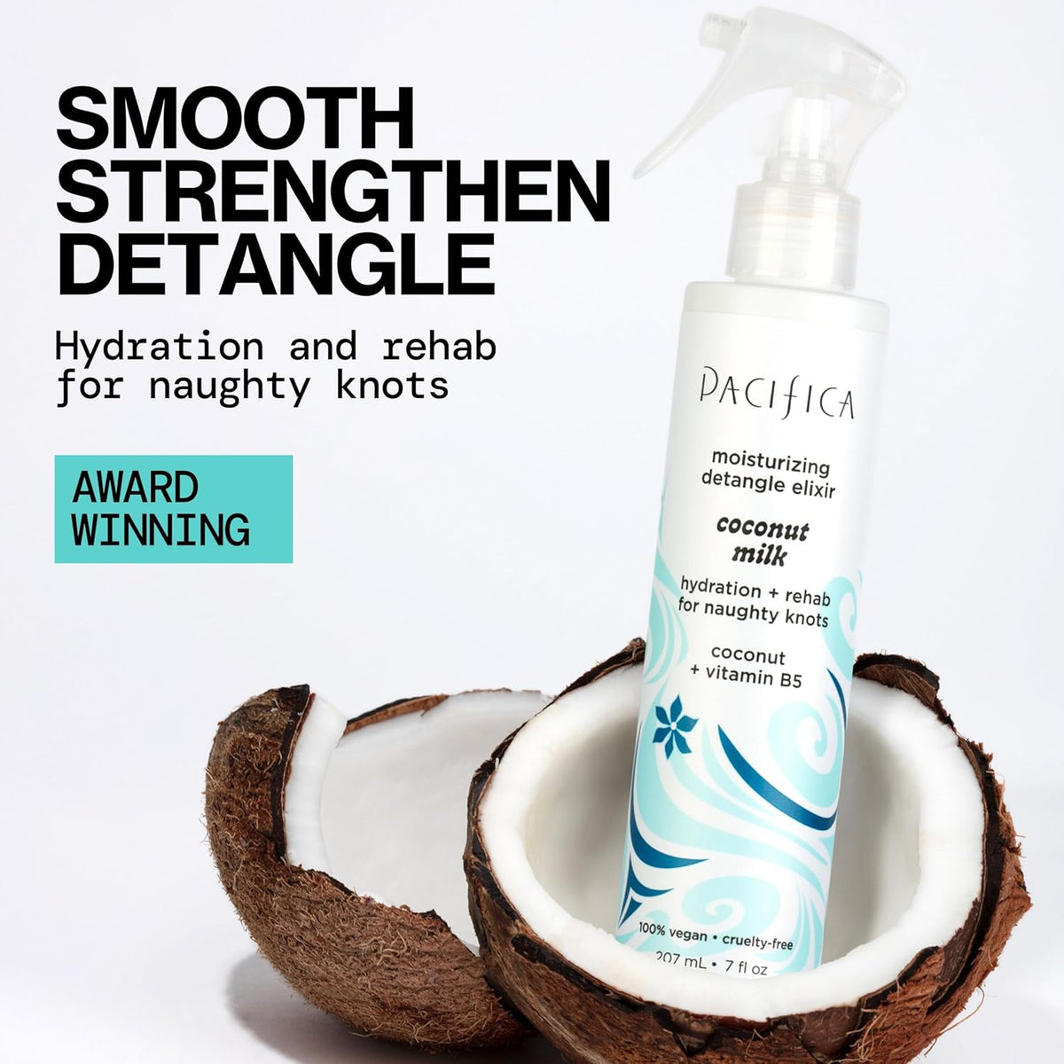 Pacifica Coconut Milk Hair Detangler Spray - Leave In Conditioner Spray, Detangling Elixir Suitable for All Types, Fine and Curly Hair Products, Smoothing, Moisturizing, and Anti-Frizz - 207 mL