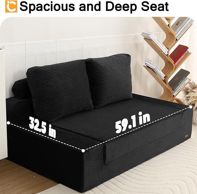 COMAX Convertible Sofa Bed Queen, Folding Floor Couch Corduroy Fold Out Couch Bed Sleeper Mattress with Back Pillows, Boneless Pull Out Loveseat Comfy Futon Lounge for Living Room Bedroom, Black