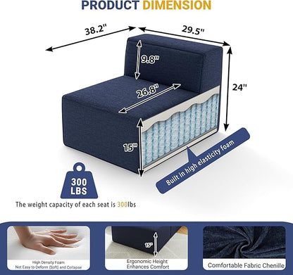 38“ Modular Sectional Sofa Convertible Cube Couch Seat Set, Combine L-Shaped U-Shaped, Free Assembly, Space-Saving for Living Room, Thick Foam Fabric Chenille Blue (Only Armless)