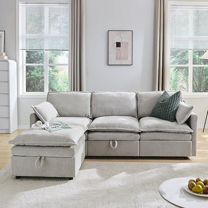 85.83" Sectional Couches for Living Room, Cloud Couch Sectional with Large Storage Ottoman, L-Shape Modular Sectional Sofa with 5 Seater Chenille Sofa and Pillow for Apartment, Bedroom, Light Gery