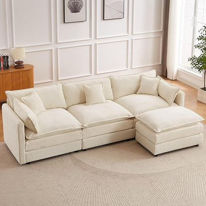 saows Modular Sectional Sofa, 112.2 Inch L Shaped Couch Set with Armrests, 3-Seater Comfy Cloud Couches with Movable Ottoman for Living Room Apartment, Beige
