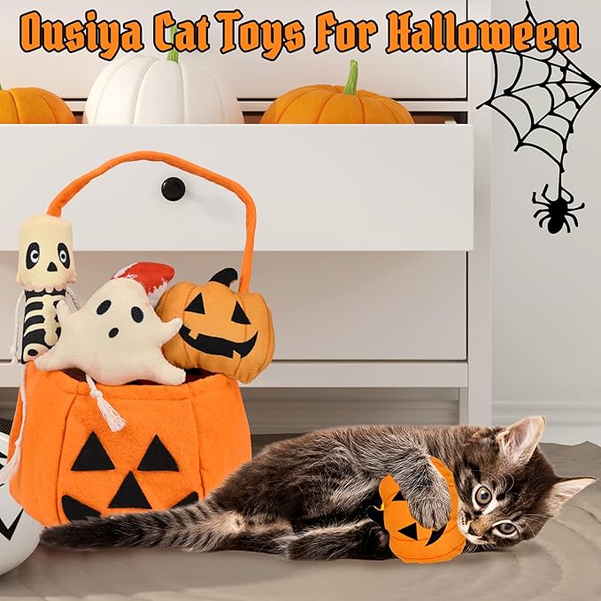 7PCS Halloween Cat Toys, Cat Catnip Toys Plush Teething Toys, Horrible Halloween Cat Ghost Chew Toys for Kitten Cats