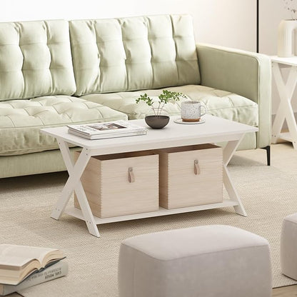 Furinno Modern Simplistic Coffee Table, 2-Tier Rectangle Modern Coffee Table with Open Shelf and X-Legs, Criss-Crossed Side Table, for Living Room, Bedroom, Home Office, White