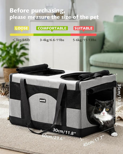 Pecute Cat Carrier, Soft Double Pet Crate for 2 Cats Travel, Gray | 5mm Anti-collapse Frame, Convertible Dual Space, Foldable, Polyester Breathable mesh, Up to 26 lbs, Car Travel & Vet Visits