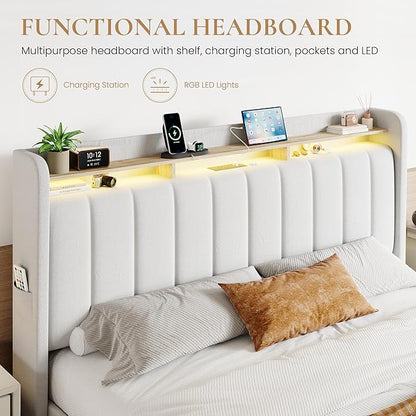 SHA CERLIN Velvet King Size Bed Frame with Vertical Channel Tufted Wingback Headboard & 2 Storage Drawers/2-Tier Shelves with LED Lights & Charging Station/Noise-Free/No Box Spring Needed/White