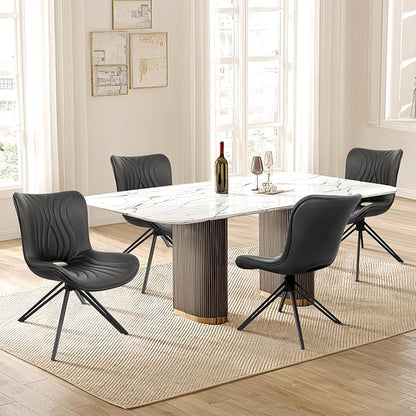 VATROS Dining Chairs Set of 2, 360° Swivel Upholstered Mid-Century Modern Kitchen Dining Room Chairs, Armless Faux Leather Accent Side Chair with Padded Back, Metal Leg, Black