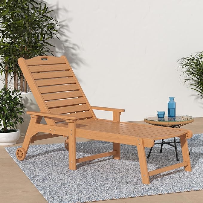 LUE BONA Outdoor Chaise Lounge Chairs Set of 4, HDPS Chaise Lounger, 5 Positions Adjustable Lounge Chairs, Pool Lounge Chair with Wheels for Poolside, 3 Year Warranty, Teak Color